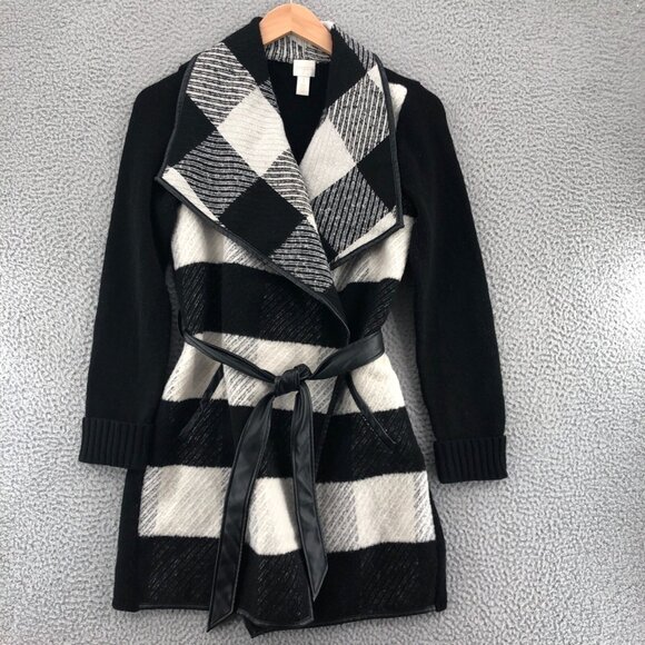 Chicos Sweater Women 1 US Medium Charlene Black Gingham Wool Blend Cardigan Belt - Picture 1 of 11